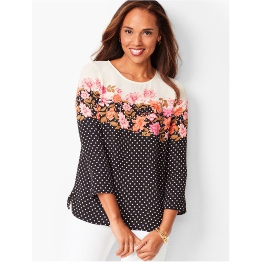 Talbots Floral Polka Dot Top Large 3/4 Sleeve Black Multicolor EUC